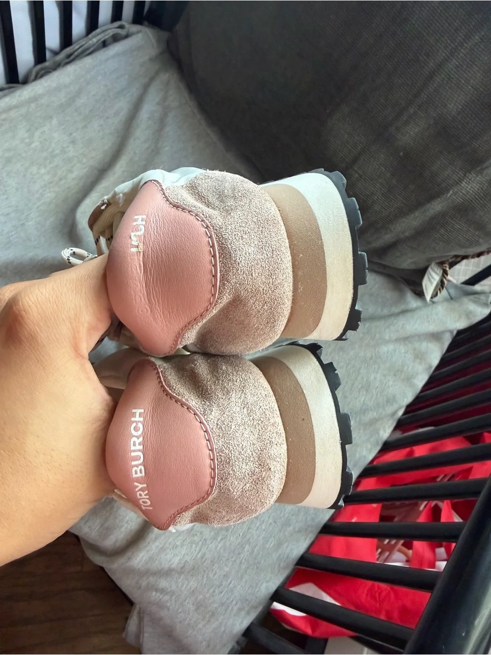 Tory Burch Cream and Pink Suede & Nylon Sneakers